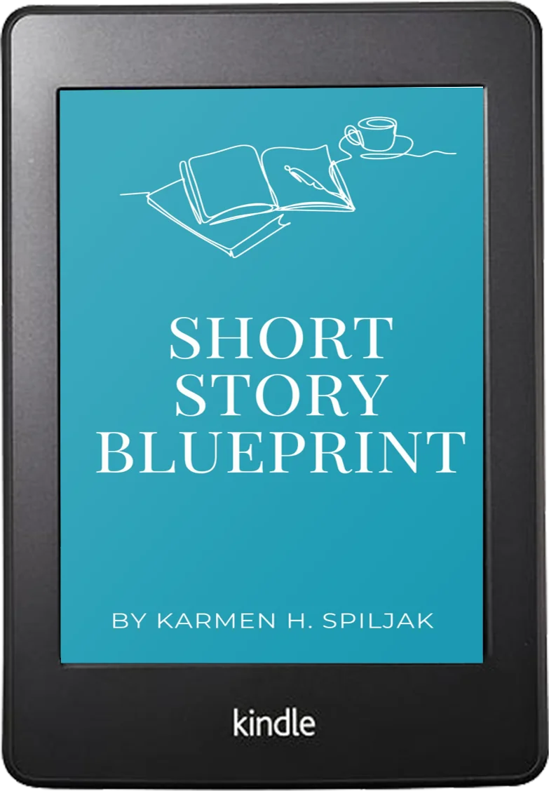 TEAL background cover with white drawing of an open book and a pen and title: SHORT STORY BLUEPRINT BY KARMEN H. SPILJAK