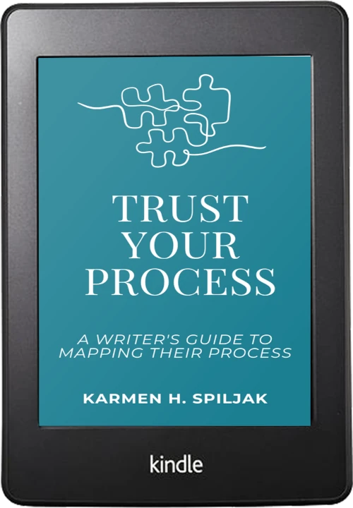Kindle book, teal background with a white drawing of three puzzle pieces. Title; TRUST YOUR PROCESS, A Writer's Guide to Mapping theIR process, author: Karmen H. Spiljak