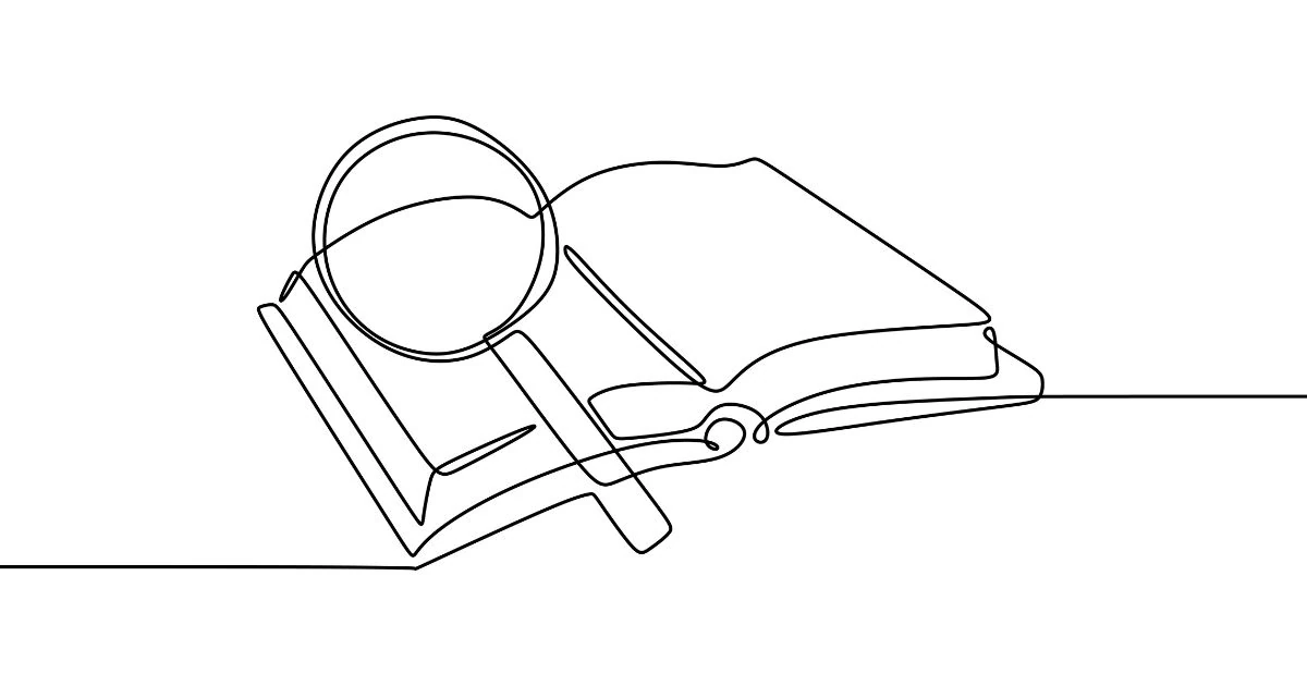 An illustration of an open book with a magnifying lens on top