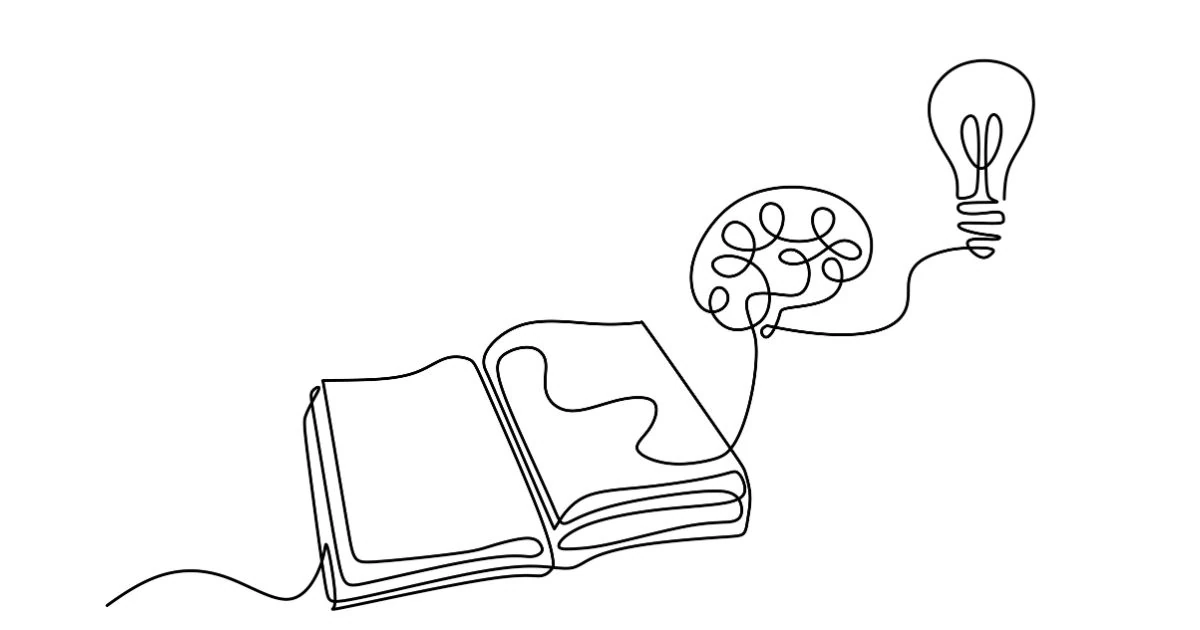 An illustration of an opem book with a line that leads out, holding a brain illustration and a lightbulb