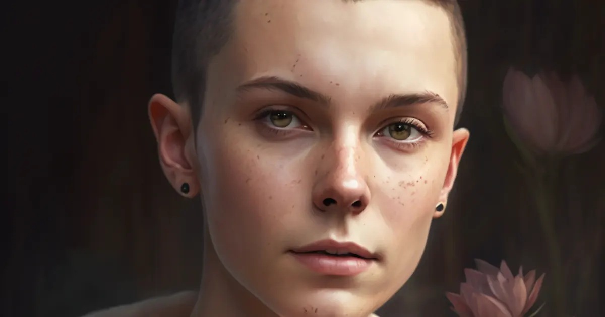 Close up image of a young White woman with short hair and brown eyes, direct gaze at the viewer