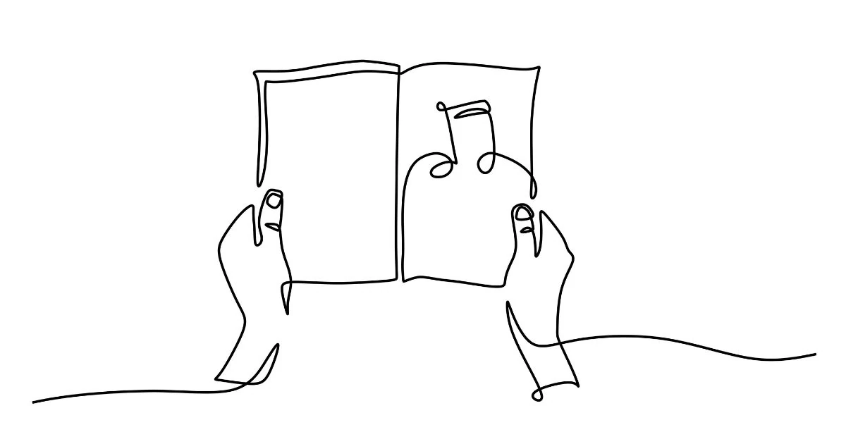a drawing of two hands holding an open book with a single musical note on the right page