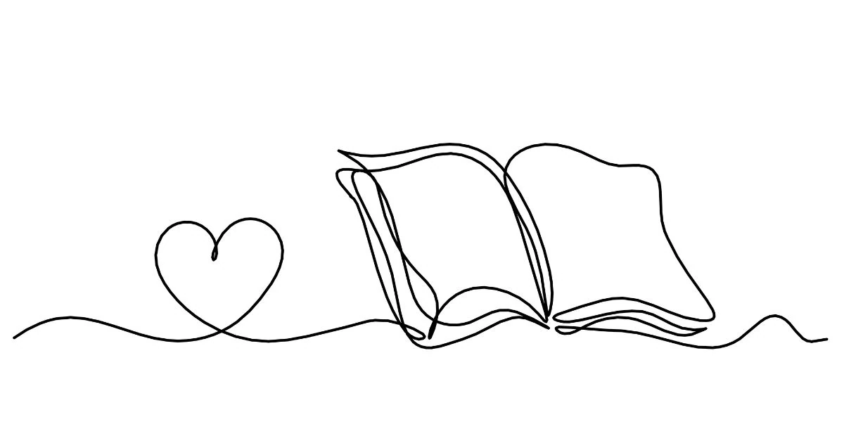 A drawing of a book with a heart on the left side, connected to the book with a line