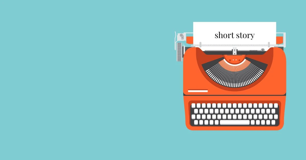 Orange illustration of a typewriter with a paper inside that says 'short story'. Teal background