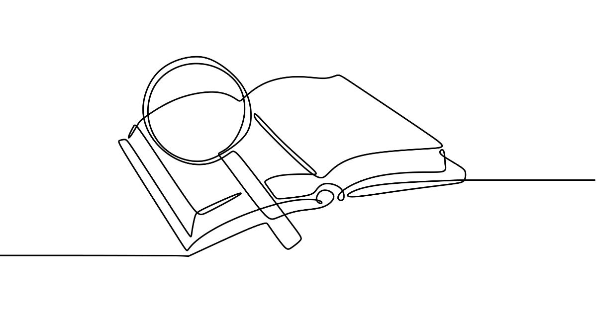 A drawing of an open book with a magnifying glass above the left page