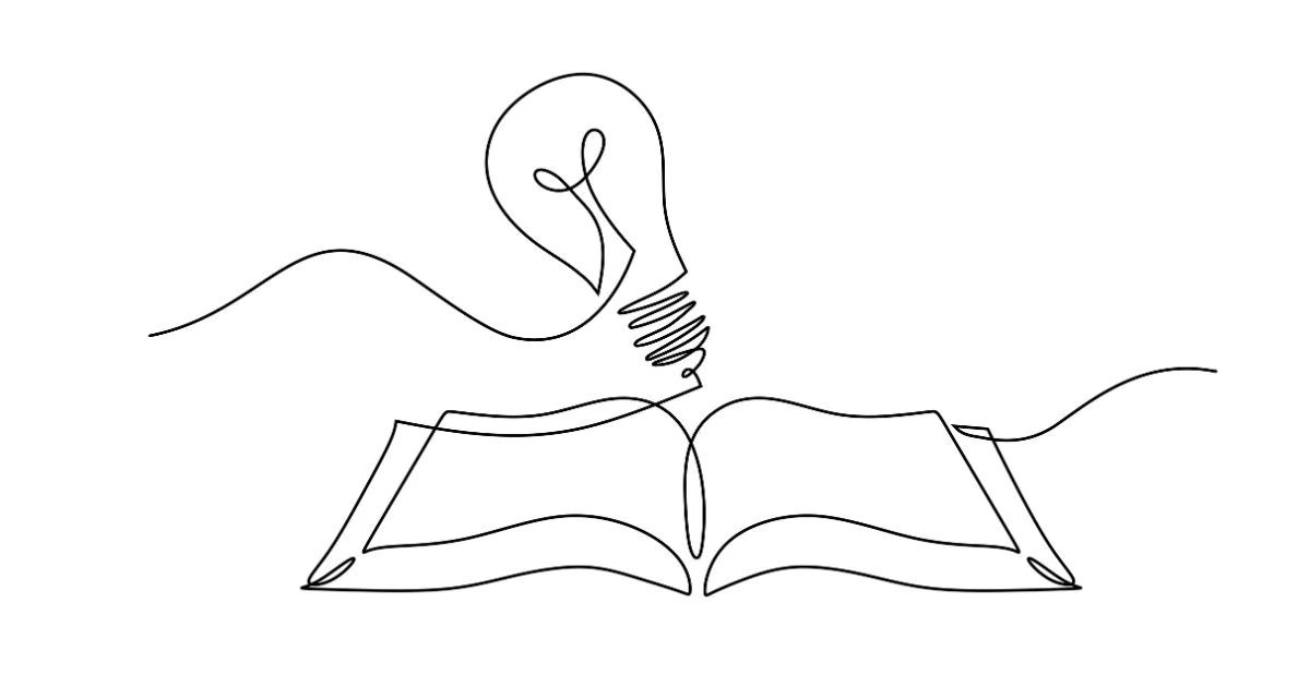 A drawing of an open book with a lightbulb above the blank pages