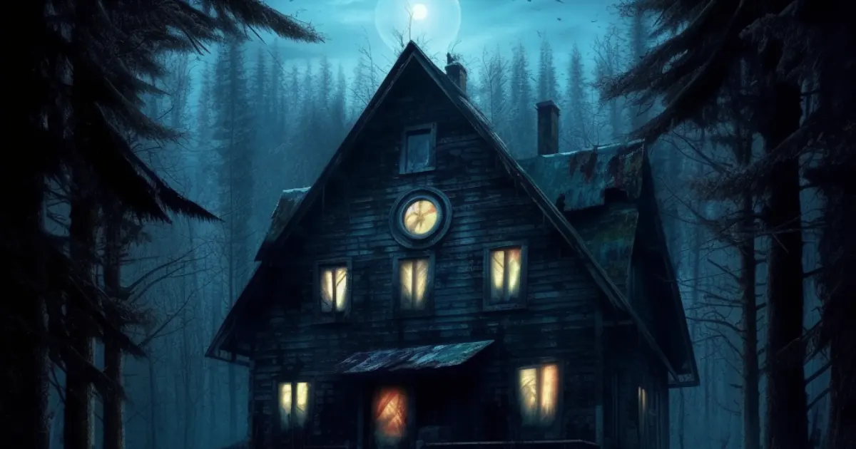A mysterious house in the dark with yellow windows and fool moon above