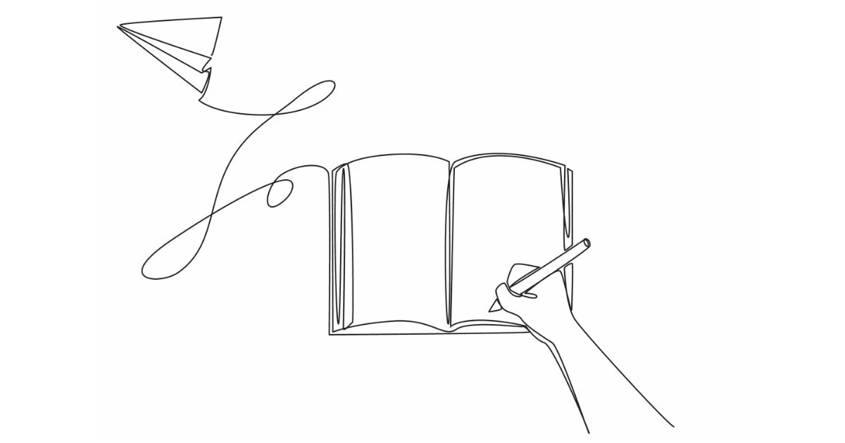 An illustration of an opem book and a hand writing in it with a message coming out