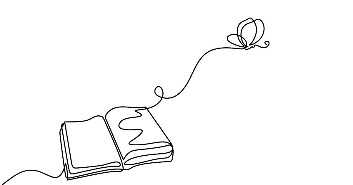 A drawing of a butterfly coming out of an open book, connected by a single twirly line