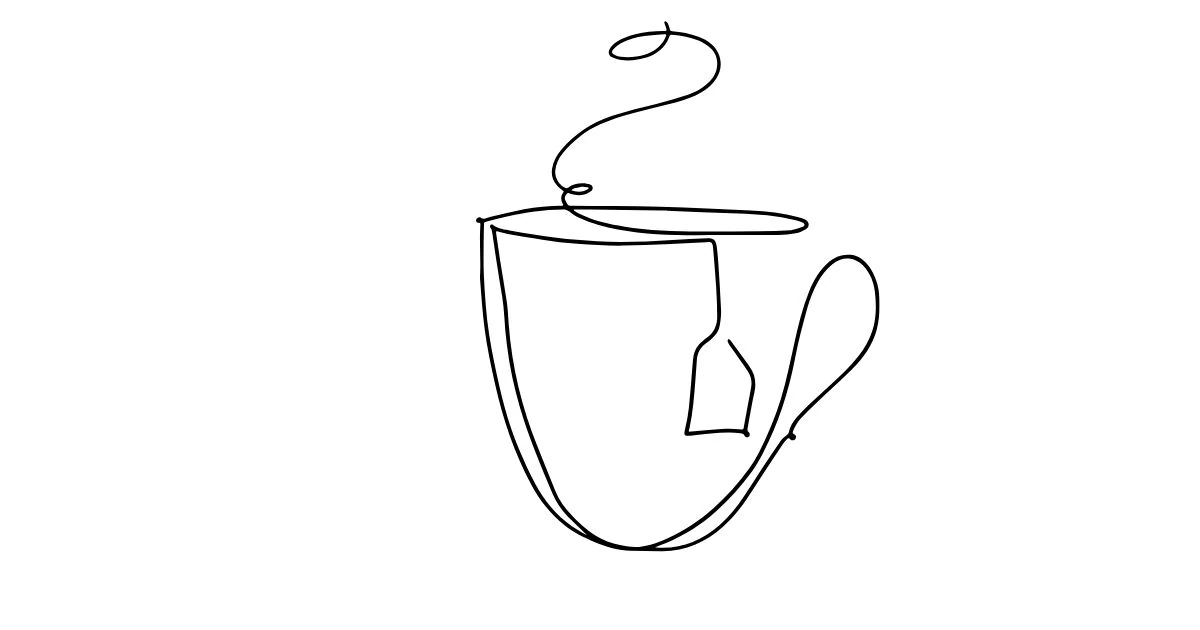 A drawing of a tea cup with the tea bag label sticking out