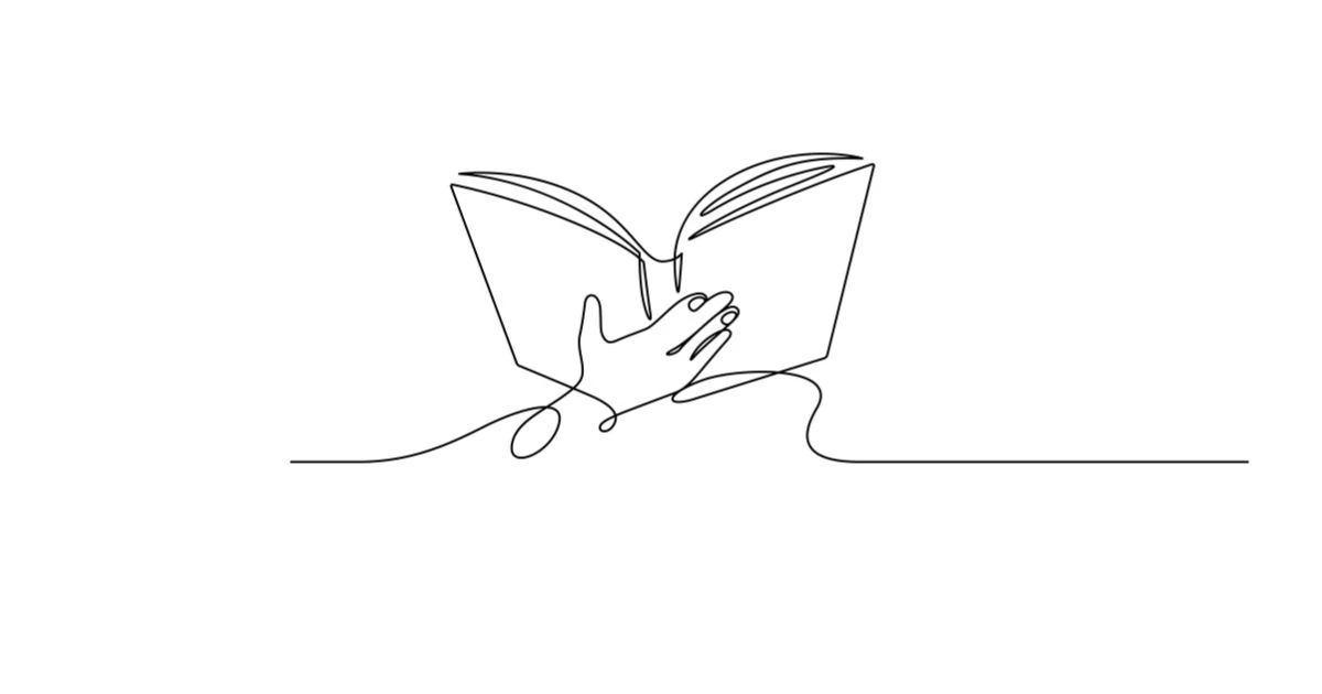 An line drawing o a hand holding an open book.